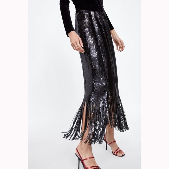๐ฅSHOWSTOPPER๐ฅZARA Black Sequin Wrap Fringe Hem Ankle Length Skirt - Picture 2 of 16